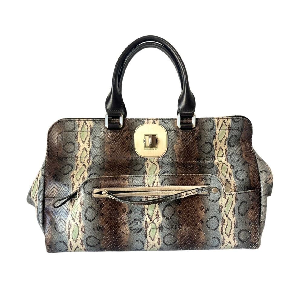 Longchamp Gatsby Python Snake Leather Brown Satchel Rare Y2K Shoulder‎ Bag
